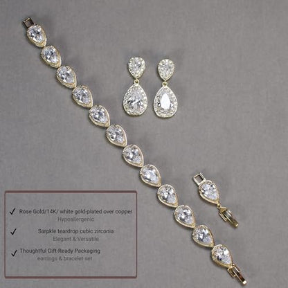 Bride Teardrop Earrings & Bracelet Wedding Jewelry Set, Cubic Zirconia Bridal Bridesmaid Party Formal Prom Gift - color: Gold