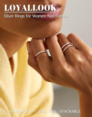 LOYALLOOK 1.5mm Silver Rings for Women Non Tarnish Stainless Steel Rings | Thin Stackable Band Rings Plain Knuckle Rings Thumb Pinky Midi Stacking Rings - color: Silver Tone