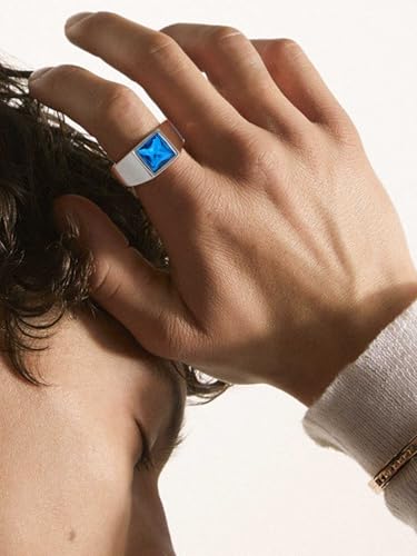 KeyStyle Square Gemstone Signet Rings for Men, Personalized Stainless Steel Pinky Ring with Black Onxy Blue Topaz Birthstone Statement Ring - color: 925 Sterling Silver - Custom Stone - 8mm