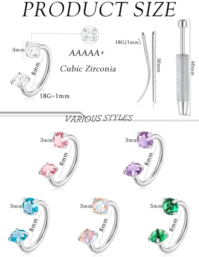 Akeoqi Horseshoe Nose Rings 316L Surgical Steel Half Hoop Earrings for Women Internally Threaded Cartilage Helix Tragus Earrings Double CZ Eyebrow Lip Piercing 18G 20G 8MM Silver Gold Plated - color: Silver,Colorful CZ