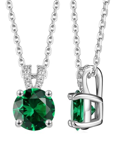 CYW Genuine Sapphire/Emerald/Ruby/Moissanite Necklace for Women, Really Authentic Solid 925 Sterling Silver, 16"/18"/20" Adjustable Chain, Anniversary Mother's Day Valentines Gift - color: Emerald - Round - White Gold, size: 8mm