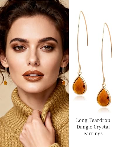 Long 14K Gold Plated Brown Teardrop Stone Dangle and Drop Vintage Earrings Crystal Lightweight Earrings for Women