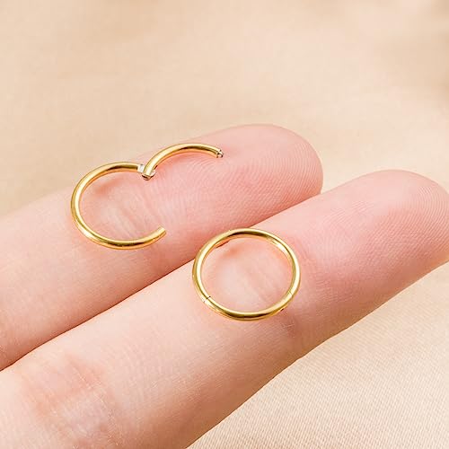 Small Gold Hoop Earrings, Lightweight 14K Gold Plated Huggie Hoop Earrings for Cartilage Helix Tragus, Hypoallergenic Earrings for Women Men, Tiny Thin Hoops Surgical Steel Endless Hoops Earrings 6-10 mm - color: 9mm Hoop Gold-18g
