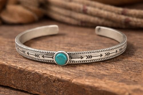Isac Turquoise Jewelry Set, Silver Cuff Bracelet and Ring, Arrow Engraved, Boho Western Style