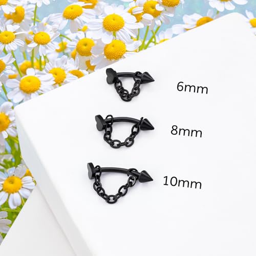 3 Pcs 316L Stainless Steel 16G Tragus Helix Rook Piercing Jewelry with Chain, Cartilage Earrings for Women, Belly Button Ring Vertical Labret Lip Piercing Jewelry - color: Black, size: Heart