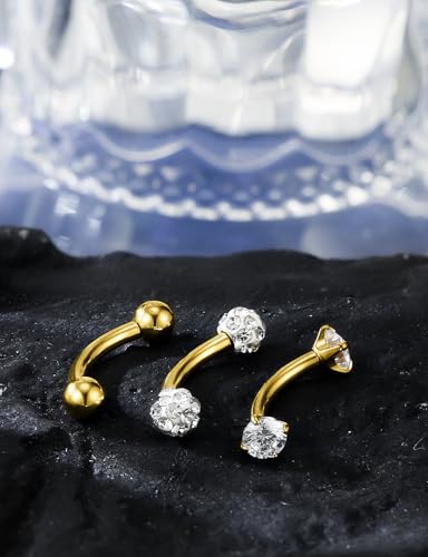 18G 16G 14G Eyebrow Ring Piercing Jewelry Surgical Steel Internal Thread Vertical Labret Lip Ring Rook Daith Earrings Belly Button Ring Piercing Jewelry for Women Men CZ Silver Black Gold - color: Gold, size: 14G, 8mm Length