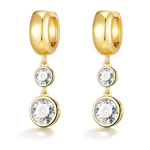 Gold Dangle Earrings for Women 14K Gold Plated Chunky Huggie Hoops Drop Earring Trendy Cubic Zirconia Diamond Crystal Round Teardrop Heart Charm Hypoallergenic Statement Jewelry Gifts - color: gold