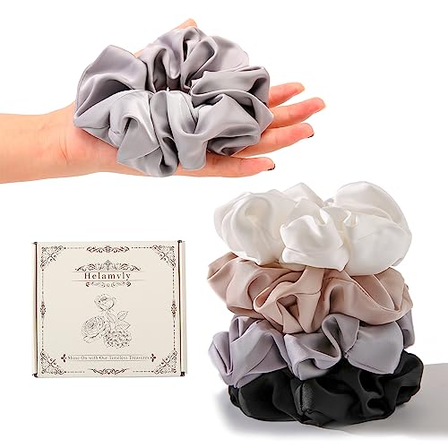 4 PCS Large Silk Satin Scrunchies for Women White Thick Hair Big Scrunchie | Black White Silver Champagne / Stretched 10" Length / No Damage / Gift Box /Diameter: 5 inches / All Hairstyles - color: Black White Silver Champagne, size: 1 Count (Pack of 4)