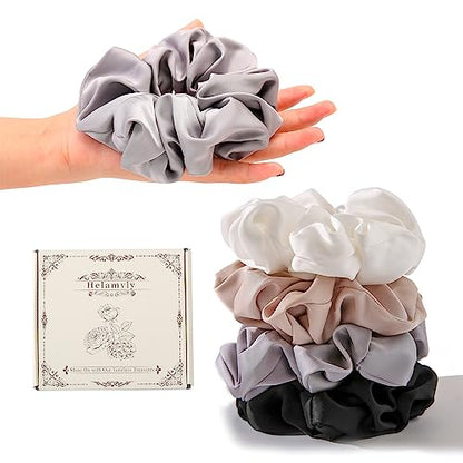 4 PCS Large Silk Satin Scrunchies for Women White Thick Hair Big Scrunchie | Black White Silver Champagne / Stretched 10" Length / No Damage / Gift Box /Diameter: 5 inches / All Hairstyles - color: Black White Silver Champagne, size: 1 Count (Pack of 4)