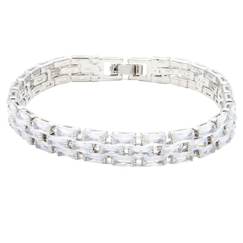 Tennis Bracelet, 13mm Width, Black Cubic Zirconia, Gold Plated Brass, 7 Inch Length, 11 Grams - color: Silver Clear