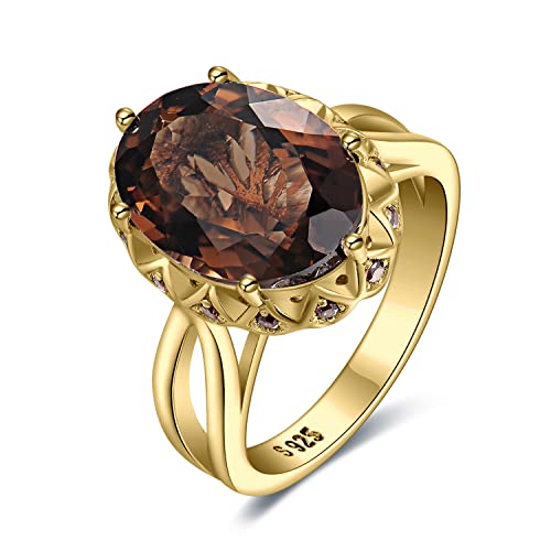 JewelryPalace Huge Oval Shape 5.7ct Genuine Smoky Quartz Cocktail Rings for Her, 14K White Yellow Rose Gold Plated 925 Sterling Silver Ring for Women, Natural Gemstone Jewelry Sets Rings - color: 2-Yellow Gold Plated