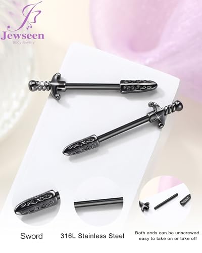 Jewseen 14G Nipple Rings Sword Nipple Piercing Jewelry Surgical Steel Nipple Barbell Straight Bar Body Piercing Jewelry for Women - color: Black