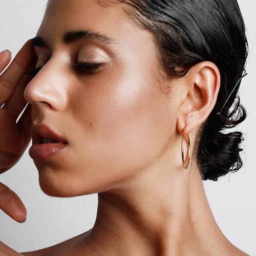 Jewlpire 14K Gold Plated 925 Sterling Sliver Post Hoop Earrings, 2MM Thick Hoop earrings Lightweight Large Hoop Earrings for Women Trendy 20/30/40/50/60/70mm - color: 14K Gold Plated, size: 60mm