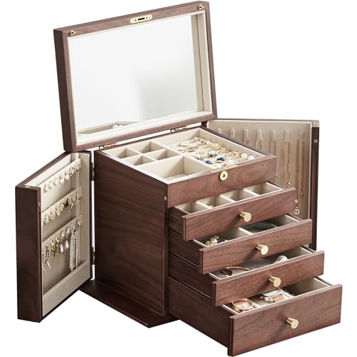 CHOSIN Black Walnut Wooden Jewelry Box for Women with Mirror, 5 Drawers and 2 Side Doors for Watches, Necklaces, Rings, Earrings Storage, Ideal Gift for Her | Locking wity Key, 4 Drawers, 2 Side Doors, Large Storage for Necklaces, Earrings, Rings, Watches