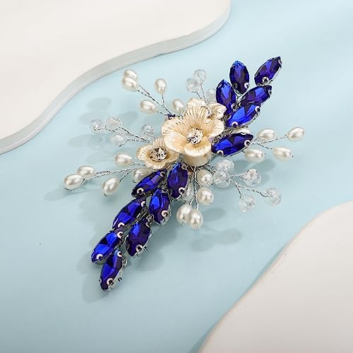Xerling Royal Blue Rhinestones Crystal Flower Hair Barrettes Clip Boho Bridal Pearl Hair Jewelry Accessories for Women Wedding Floral Headpieces (Blue) - color: Blue