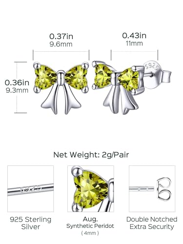 ChicSilver 925 Sterling Silver Bow/Butterfly Earrings for Women Hypoallergenic Birthstone Earrings Dainty Bow/Butterfly Jewelry Gift for Women - color: Bow-August-Peridot