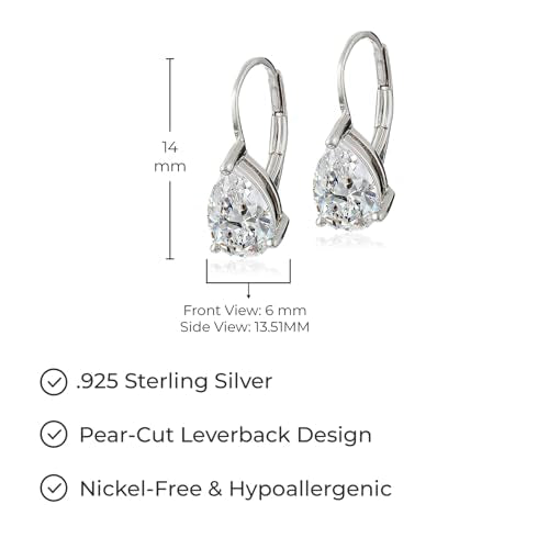 Amazon Essentials Sterling Silver or Gold Plated Sterling Silver Pear Cut Cubic Zirconia Leverback Earrings - color: Platinum