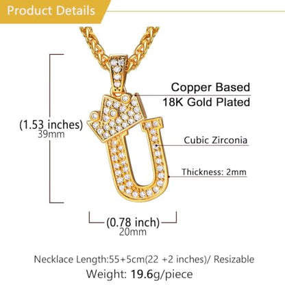 U7 Crown Initial Necklace Men Women, Bling Diamond A-Z 0-9 Letter Pendant with Wheat Chain, Silver/Black/Gold Plated CZ Alphabet Number Hip Hop Jersery for Father Husband - color: a. Gold, size: 21. U