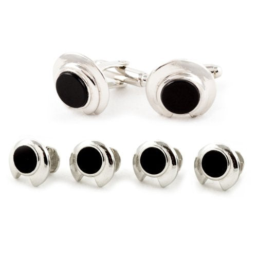 Cuff-Daddy Unique Black Onyx and Silver Cufflinks Studs Formal Set with Presentation Gift Box