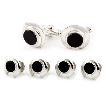 Cuff-Daddy Unique Black Onyx and Silver Cufflinks Studs Formal Set with Presentation Gift Box