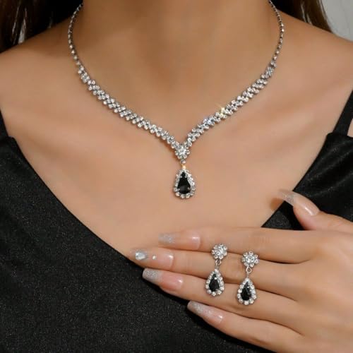 Wedding Jewelry Sets for Brides Rhinestone Necklace and Earring Set Bracelet Ring Gold Silver Prom Jewelry Sets Diamond Flower Teardrop Necklace for Women - color: Style4-Black
