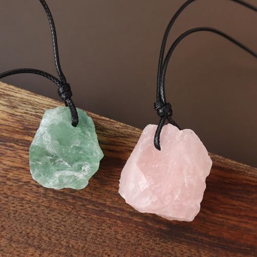 Natural Raw Crystal Necklace for Women Irregular Stone Necklaces Spiritual Gemstone Pendant with Adjustable Rope - color: E-Green Fluorite+Rose Quartz