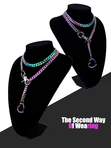 paloli Women's Slip Chain Rainbow Heart O-Ring Chunky Chain Necklace, Rays Cuban Long Layered Jewelry, Adjustable Lariat Y-Necklace Heart Loop Choker - color: A-Heart-Rainbow