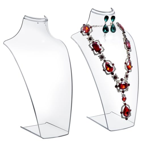 MyGift 12 Inch Clear Acrylic Necklace and Earring 3D Bust Jewelry Display Stand, Tabletop Neck Form Base Chain Holder for Home or Retail Showcase, Set of 2