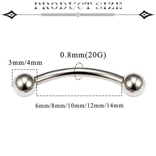 20G Eyebrow Piercing Jewelry Surgical Steel Vertical Labret Lip Jewelry Curved Barbell Tiny Eyebrow Rings Ear Rook Navel Small Belly Button Ring for Women Men 6mm/8mm/10mm/12mm/14mm - color: silvertone,ball