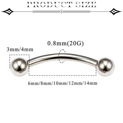 20G Eyebrow Piercing Jewelry Surgical Steel Vertical Labret Lip Jewelry Curved Barbell Tiny Eyebrow Rings Ear Rook Navel Small Belly Button Ring for Women Men 6mm/8mm/10mm/12mm/14mm - color: silvertone,ball