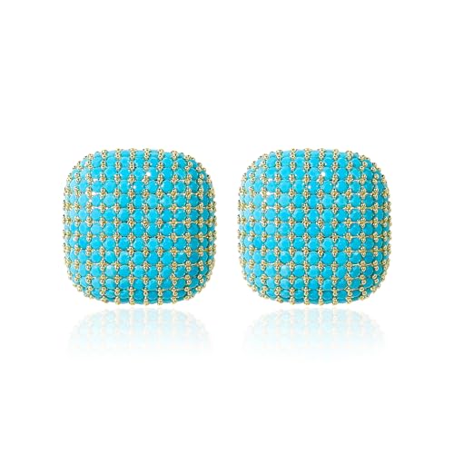 18K Gold Plated Chunky Square & Round Cubic Zirconia Stud Earrings for Women, Hypoallergenic 925 Silver Post Simulated Diamond Wedding Prom Party Bridesmaid Daily Fine Jewelry Gift for Mom Wife Friend - color: EA355-Square-Gold Turquoise