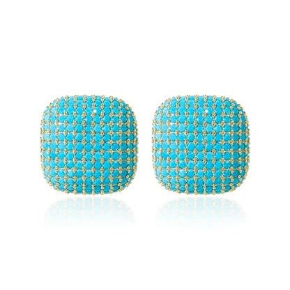 18K Gold Plated Chunky Square & Round Cubic Zirconia Stud Earrings for Women, Hypoallergenic 925 Silver Post Simulated Diamond Wedding Prom Party Bridesmaid Daily Fine Jewelry Gift for Mom Wife Friend - color: EA355-Square-Gold Turquoise