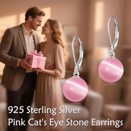 925 Sterling Silver Pearl Leverback Earrings Dangle Drop Jewelry Gifts for Women - style: Pink Cat's Eye