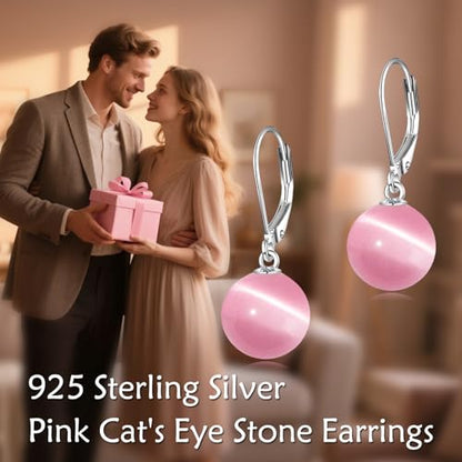 925 Sterling Silver Pearl Leverback Earrings Dangle Drop Jewelry Gifts for Women - style: Pink Cat's Eye
