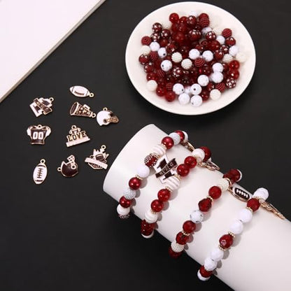 2200PCS+ Game Day Beads Charms for Bracelet Making Polymer Clay Beads Crystal Pearl Letter Gold Spacer Beads Football Charms for Game Day Bracelet Necklace Making DIY Crafts - color: Burgundy White