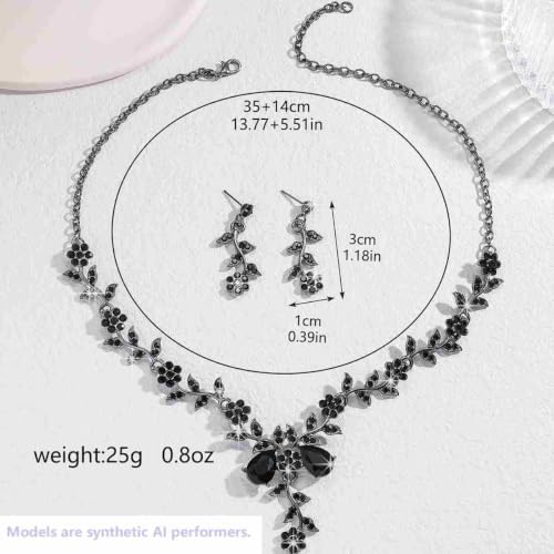 Kamirola Women's Wedding Jewelry Leaf Cluster Flower Crystal Dangle Earrings Pendant Necklace Set for BridalCrystal Bridal Jewelry Set - color: Black