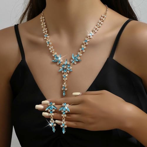 Wedding Jewelry Sets for Brides Rhinestone Necklace and Earring Set Bracelet Ring Gold Silver Prom Jewelry Sets Diamond Flower Teardrop Necklace for Women - color: Style5-Blue