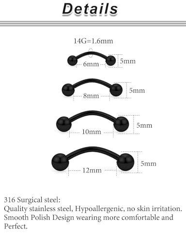 20G 16G 14G 12G Eyebrow Rook Daith Piercing Jewelry 316L Surgical Steel Vertical Lip Labret Belly Button Ring Snake Eyes Tongue Ring Curved Barbell 6mm(1/4") 8mm(5/16") 10mm (3/8") 12mm(1/2") - color: Black, size: 14G(1.6mm)-8/10/12/14mm Bars