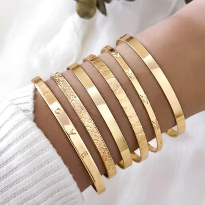 CHICUTIE Gold Bangles Bracelets For Women, 14k Gold Plated Stackable Open Cuff Bracelet Set Charms Trendy Lightweight Elegance Minimalist Textured Boho Jewelry Gift for Women - style: Gold 1