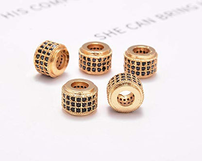 AD Beads Zircon Pave Rhinestones Big Hole Rondelle Spacer Beads 6x7mm 5Pcs Black on Gold - color: 5 Pcs Black on Gold 3 Row Rondelle (6x7mm)