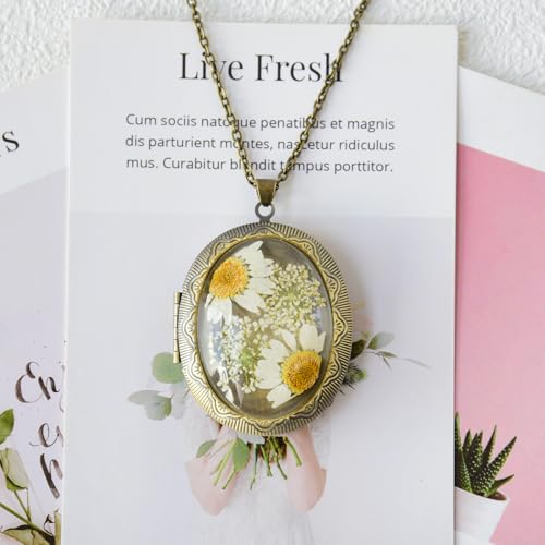 Vintage Photo Locket Necklace Handmade Pressed Flower Locket Necklace for Women - style: White Daisy(1.53"x 1.85")