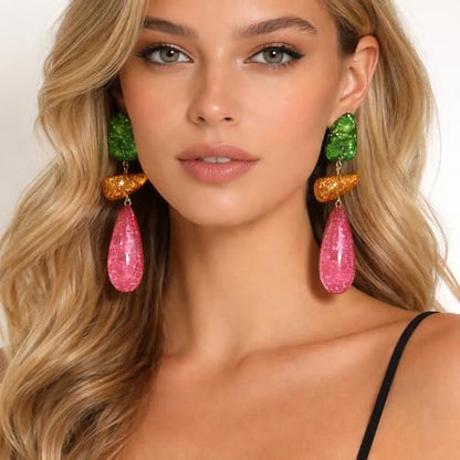 Colorful Statement Drop Earrings for Women, Glitter Resin Dangle Earrings, Layered Teardrop Party Earrings, Bold Trendy Fashion Jewelry