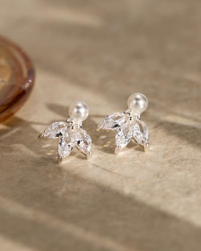 Pearl Earrings - 14k Gold or White Gold Plated Sparkle Cubic Zirconia Dainty Pearl Stud Earrings for Women Wedding Party Bridal - color: silver leaf