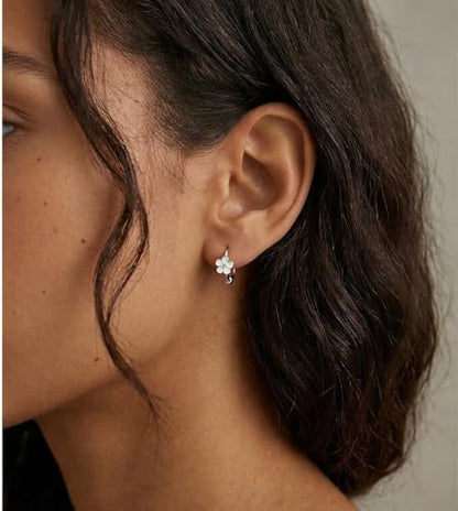 Reffeer Solid 925 Sterling Silver Flower Hoop Earrings Huggie for Women Teen Girls Daisy Hoop Earrings Cartilage Helix Earrings - color: A-Silver