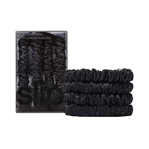Slip Silk Hair Ties — Skinny Silk Black Scrunchies, No Damage, No Crease, Anti-Breakage |100% Mulberry Silk | All Hair Types | Made with Proprietary Slipsilk™ | Set of 4 - color: Black