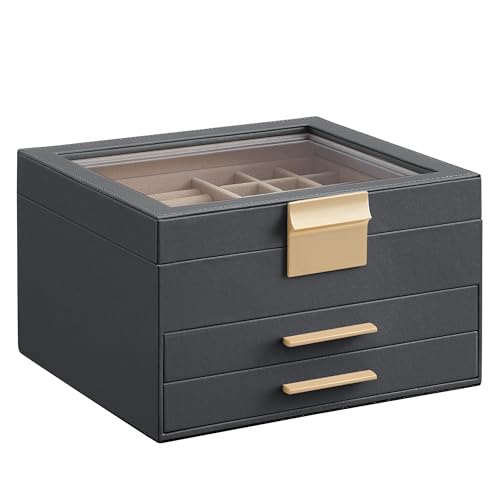 SONGMICS GISELLA Collection - Jewelry Box Organizer, 3-Layer Jewelry Storage with 2 Drawers, Shiny Metal Hardware, Glass Lid, Modern, 8 x 9.1 x 5.3 Inches, Gray and Gold Color UJBC239G02 - color: Gray + Gold, size: 3 Layer (8"d X 9.1"w)