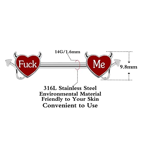 Letter Nipple Ring 14G 316L Surgical Steel Nipple Barbell Heart Shape Devil Body Piercing Jewelry for Women Men - color: red FC