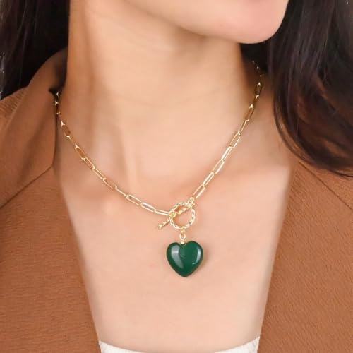 Gempires Gemstone Heart Pendant Necklace for Women, Gold Toggle Birthstone | Handmade gemstone heart pendant necklace — choose from 11 stones and birthstones, gold toggle paperclip chain. - color: Green Onyx