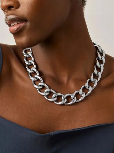 ChainsPro Cuban Link Chain for Women,Stainless Steel Chunky Necklace Silver/Gold Plated Thick Chain Choker, 12/16/20 mm Width,18" and 20" Punk Hip Hop Trendy Non Tarnish Jewelry Gifts - color: Silver, style: 20mm-20"