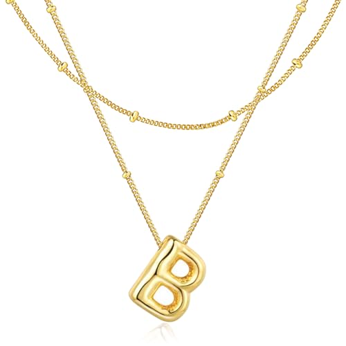Bubble Letter Necklace for Women, 14k Gold Plated Initial Letter Pendant Necklace Personalized Jewelry A - Z 26 letters - style: Gold-B